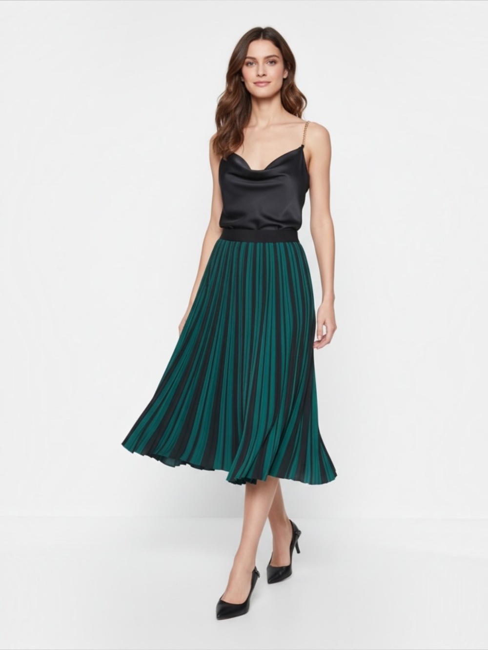 Karl Lagerfeld Paris Pleated Midi Skirt in Black and Green Size XL EUC